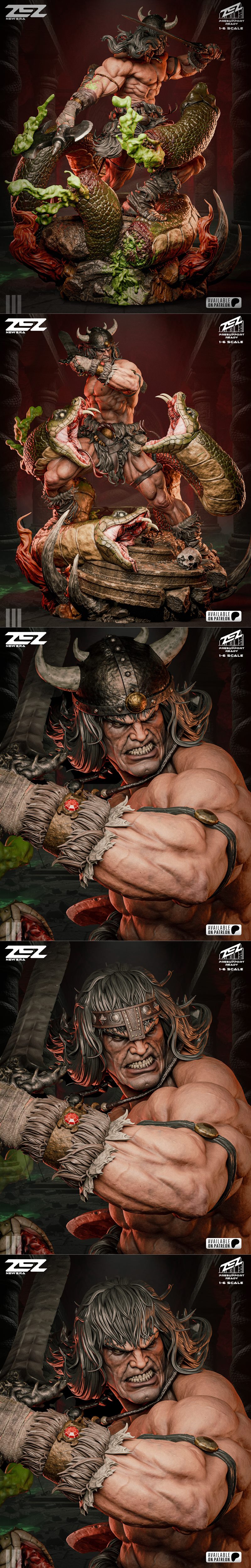 Conan the Barbarian statue and bust 3D model by ZEZ Studio. Muscular barbarian in helmet and loincloth fighting two s...