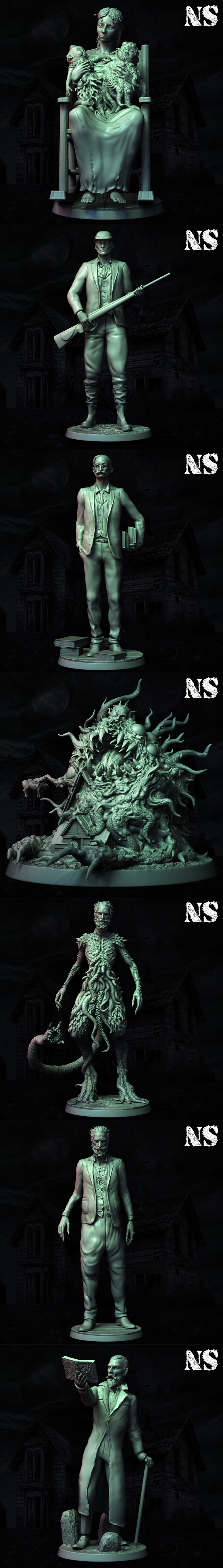 Collection of 3D printed figures depicting The Dunwich Horror, a woman holding two creatures, a man reading a book, a...