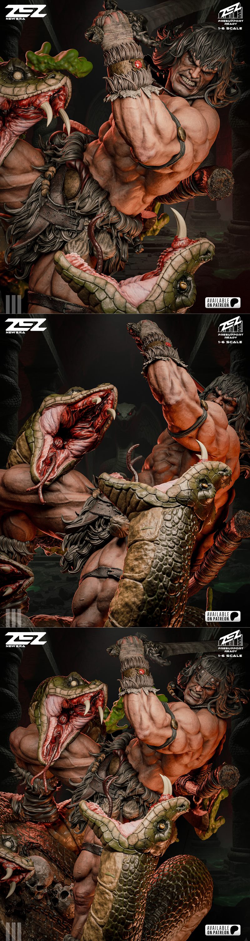 Conan the Barbarian statue and bust 3D model by ZEZ Studio. Muscular barbarian in helmet and loincloth fighting two s...