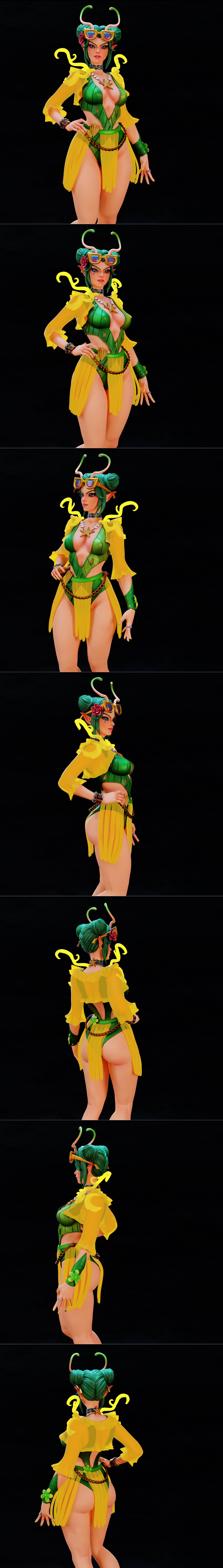Mantis character in a green and yellow summer outfit, wearing sunglasses and antennae, posed on a sandy base with a s...