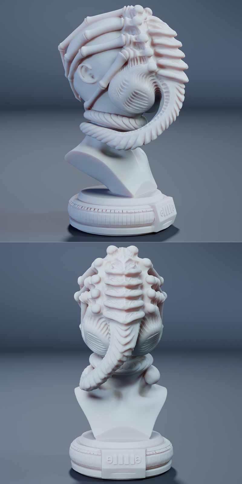 3D printable bust of an Alien Face Hugger creature wrapped around a human bust, detailed skeletal head and coiled body.