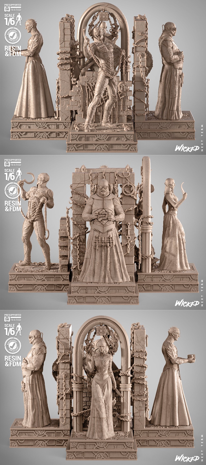 1/6 scale Hellraiser diorama 3D print model by Wicked, featuring Pinhead and two other figures with chains and hooks,...