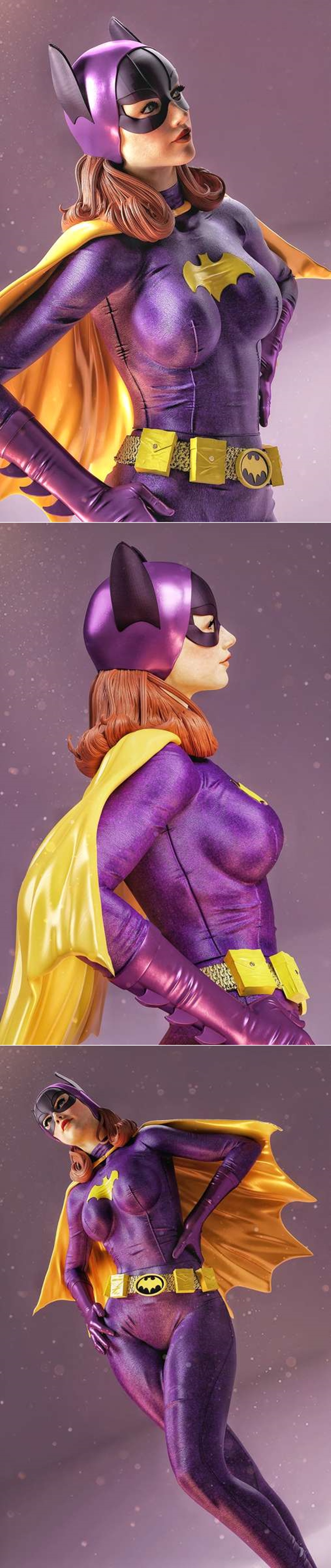 Batgirl figure in purple suit and yellow cape, standing heroically on a base with a Bat-Signal and '66' emblem. Model...