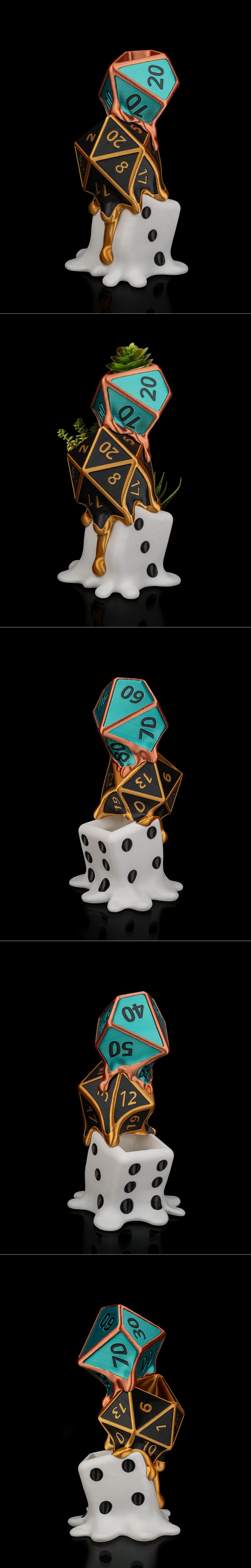 A teal and black polyhedral dice set appearing to melt over a white base, with a succulent plant on top and greenery...
