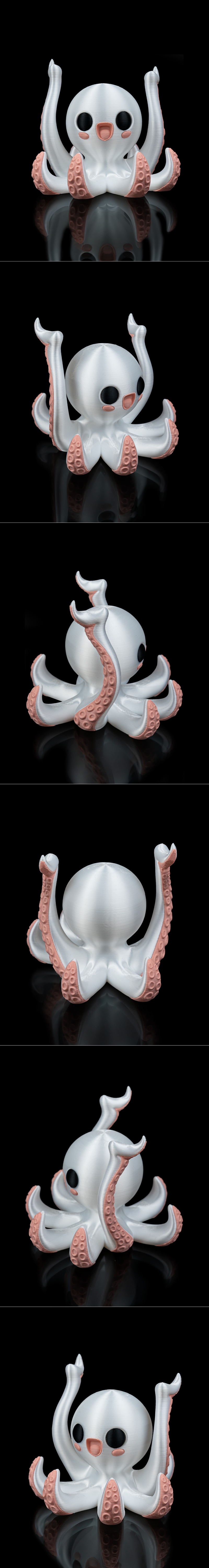 Cute white octopus 3D model holding a spoon above its head, with pink suction cups on its tentacles.