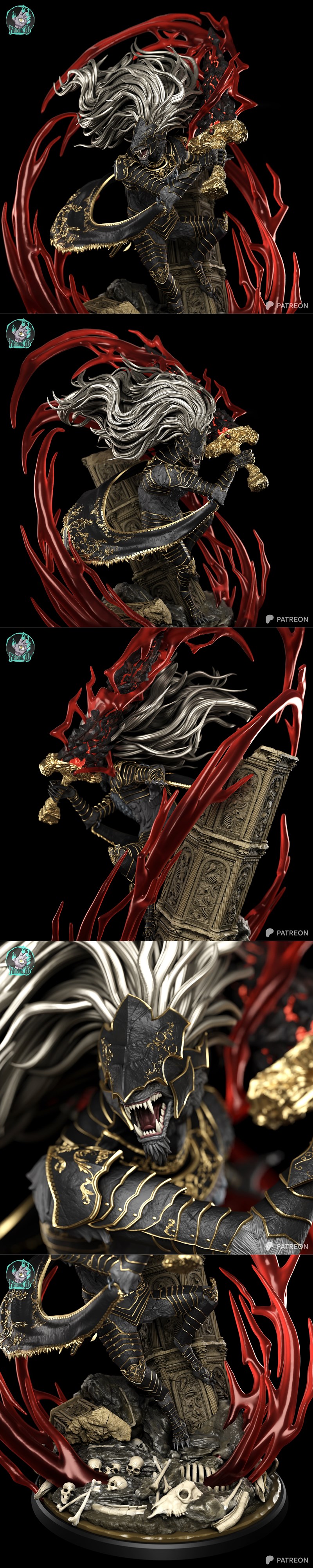 Maliketh the Black Blade 3D model from Elden Ring, wearing black and gold armor, holding a golden hammer, with flowin...