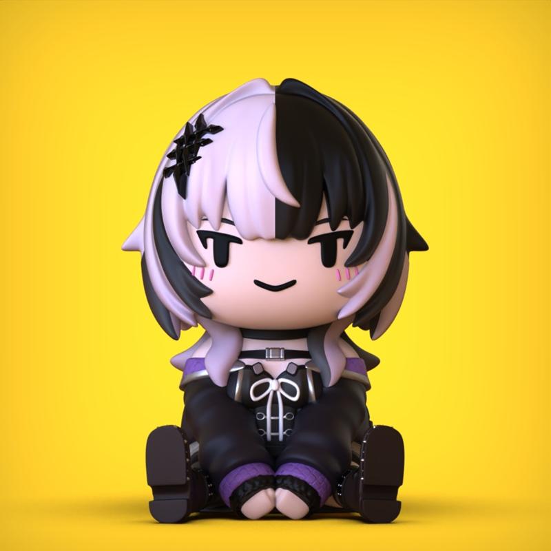 Chibi Shiori 3D model figure, sitting pose, split black and white hair, gothic outfit with purple accents, yellow bac...