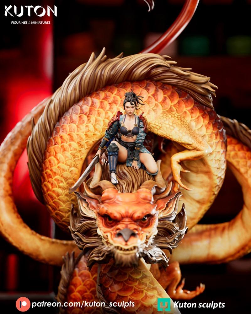 Female warrior 'Ember Rider' seated on the head of a large, orange, scaly dragon. She wears dark armor and holds a sw...