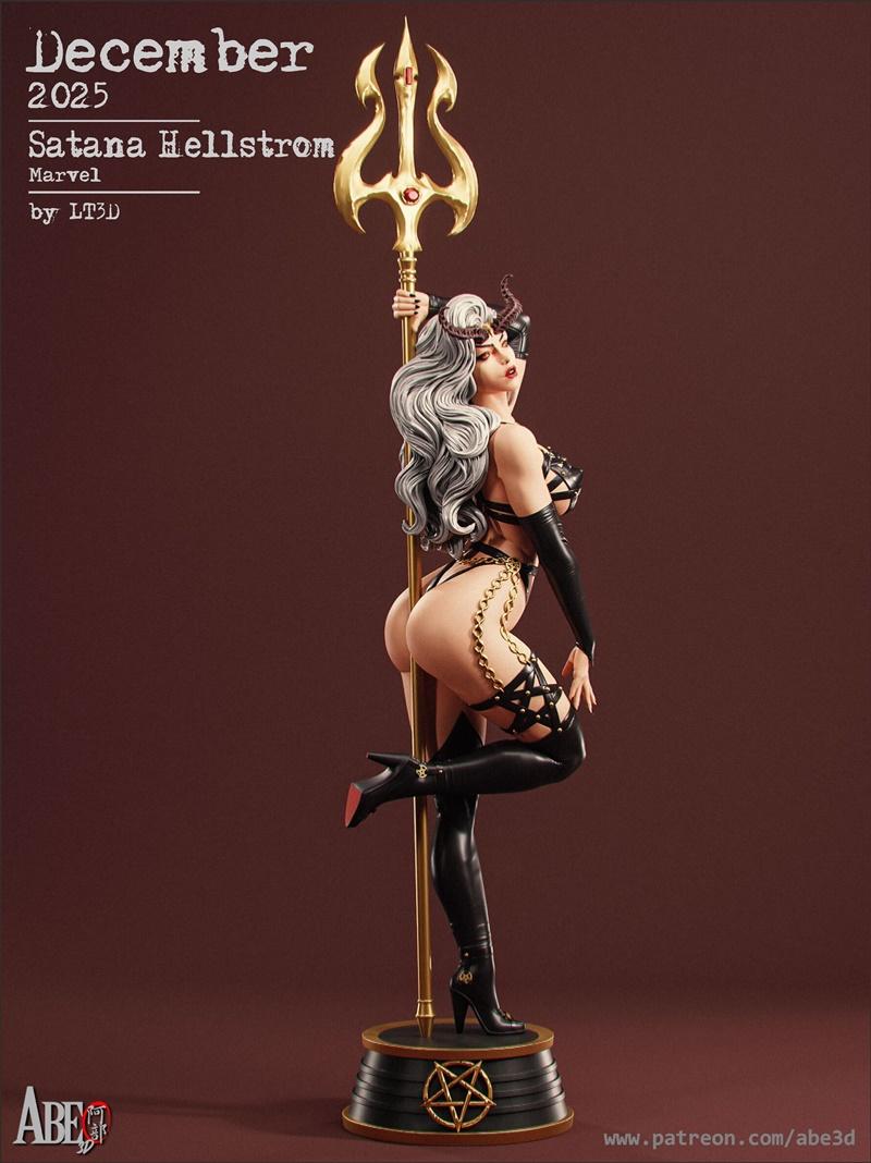 Satana Hellstrom 3D model by Abe3D, wearing a black harness and thigh-high boots, holding a golden trident, with whit...