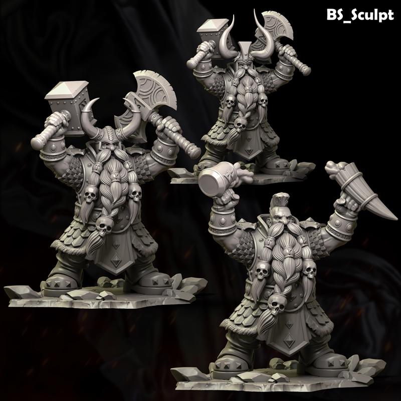 Three variations of a 3D printable Dwarf King figure by BS-Sculpt, featuring horned helmets, braided beards with skul...