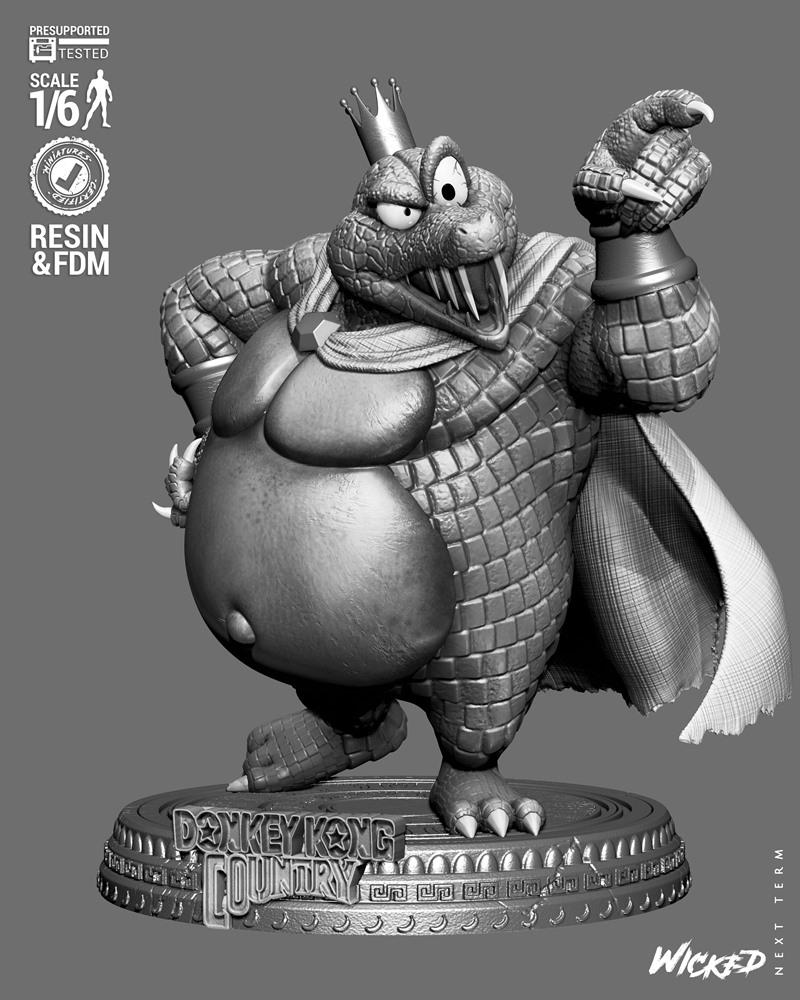 3D model of King K. Rool from Donkey Kong Country, wearing a crown and cape, standing on a detailed base. Sculpted by...