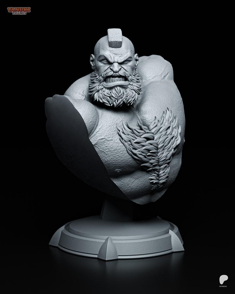 Zangief bust 3D model by Tanuki Figures, featuring a muscular man with a beard and mohawk, intense expression, on a d...