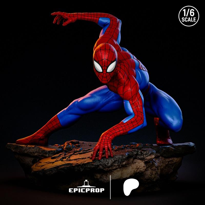Epic Prop 1/6 scale 3D model of Spider-Man in a classic red and blue suit, crouching on a rocky base in an action pose.