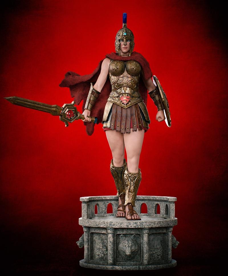 Female gladiator in ornate golden armor, red cape, holding a sword and shield, standing on a stone pedestal with wolf...