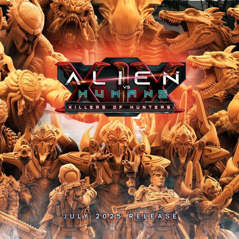 Collection of 3D printable miniatures featuring alien xenomorphs and human soldiers in sci-fi armor, with "Alien...