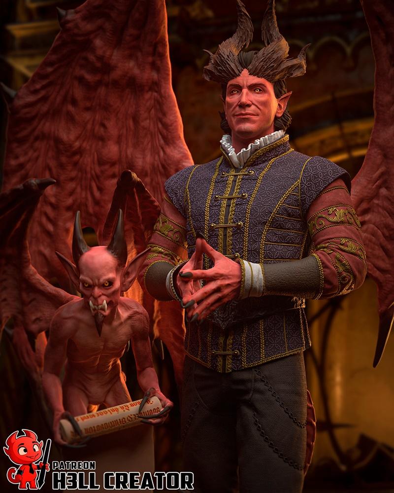 3D model of Raphael, a devil with red skin, large red wings, and dark horns, wearing an ornate purple and red doublet...
