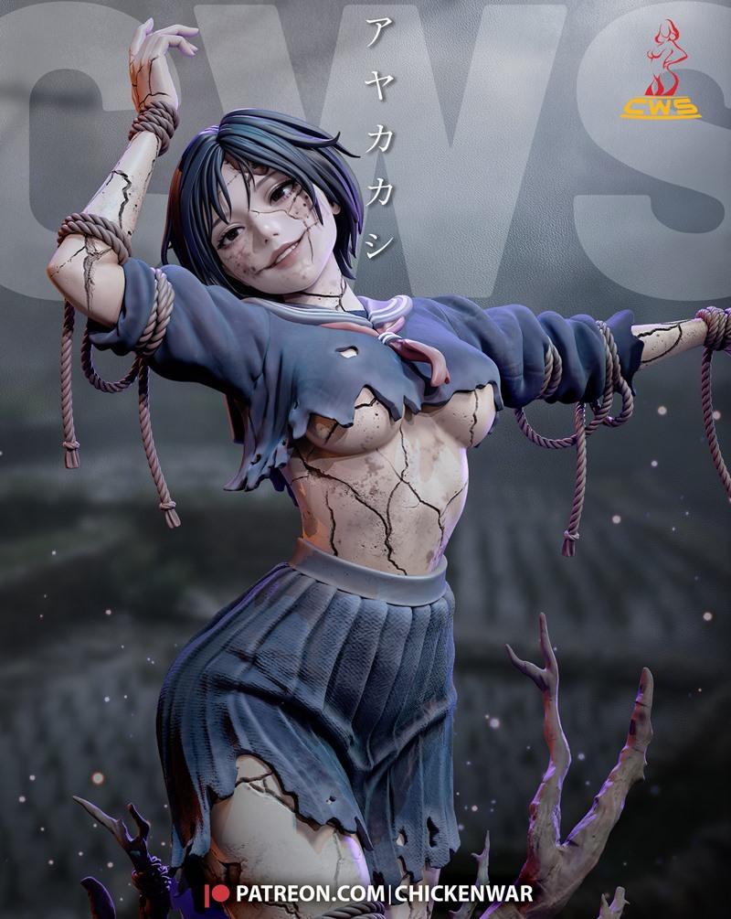 3D model of Ayakakashi from Silent Hill, a cracked-skin figure in a tattered school uniform with arms bound by rope.