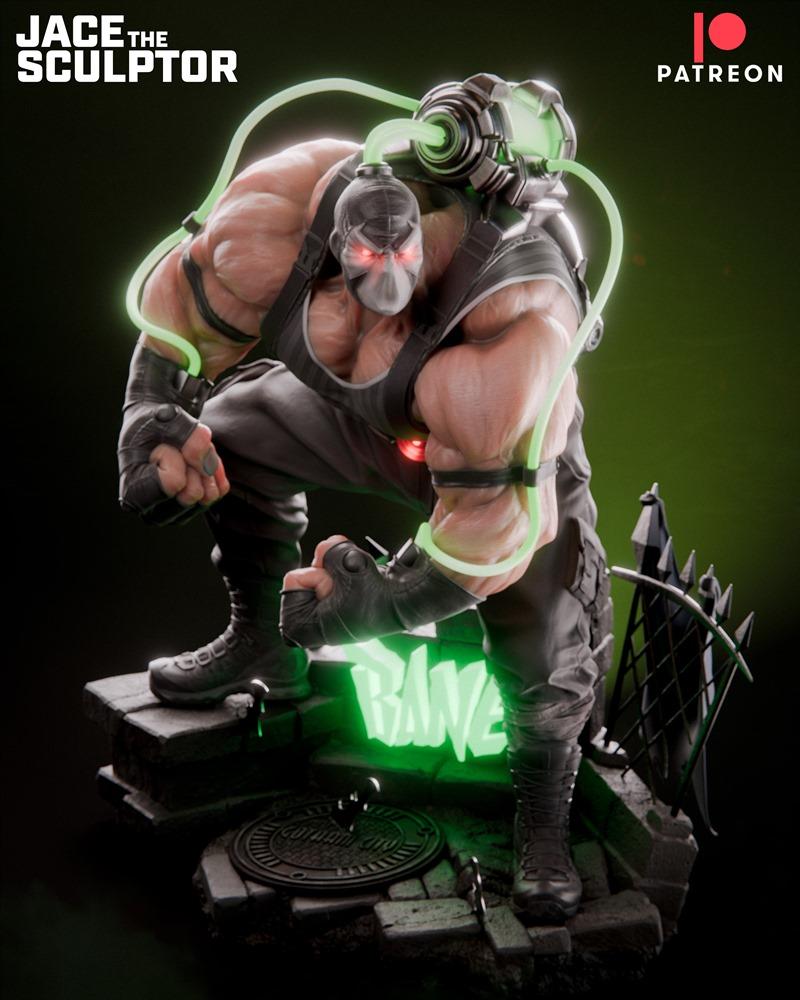 Bane statue in a crouched pose, wearing his iconic mask and vest, with glowing green tubes connected to a backpack. T...