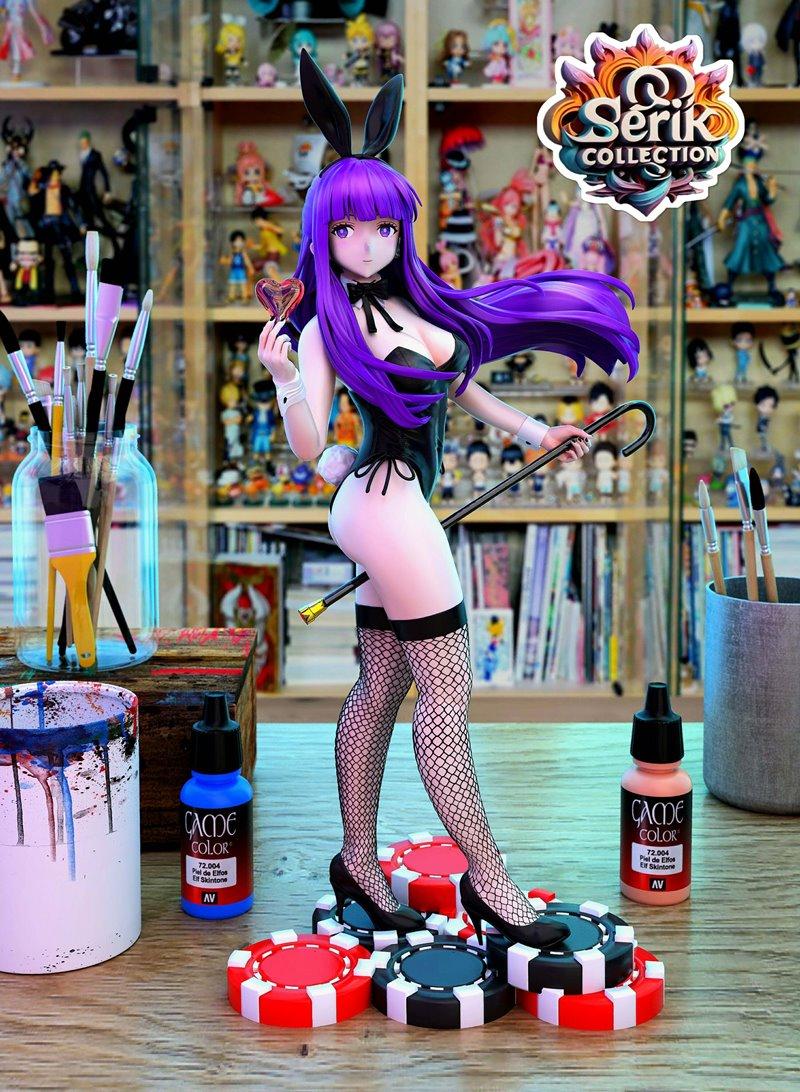 Frieren from Sousou no Frieren as a bunny girl, wearing a black leotard, fishnet stockings, and high heels, holding a...