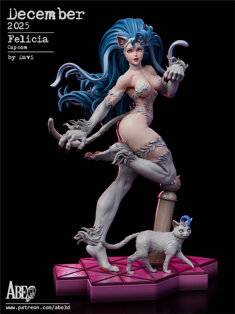 3D model of Felicia from Capcom, a catgirl with blue hair and claws, in a dynamic pose with a white cat companion on...
