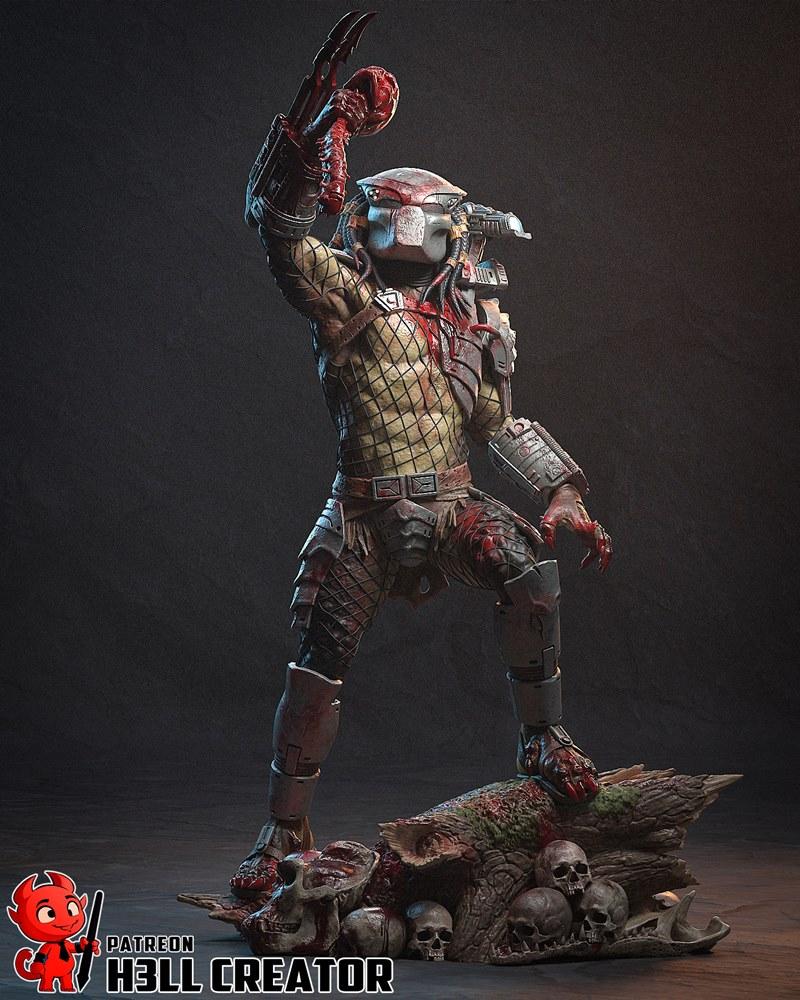 Predator figure with raised wrist blade, covered in blood, standing on a base of skulls and debris. Detailed armor an...