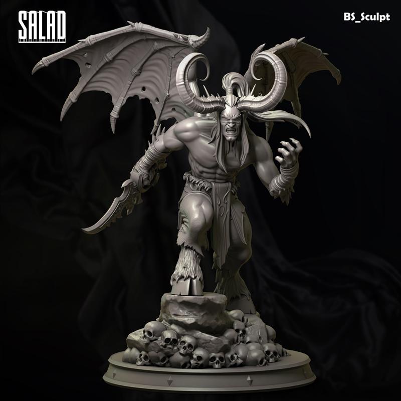 BS-Sculpt Demon Hunter 3D model figure with large horns, tattered wings, and a sword, standing on a pile of skulls.
