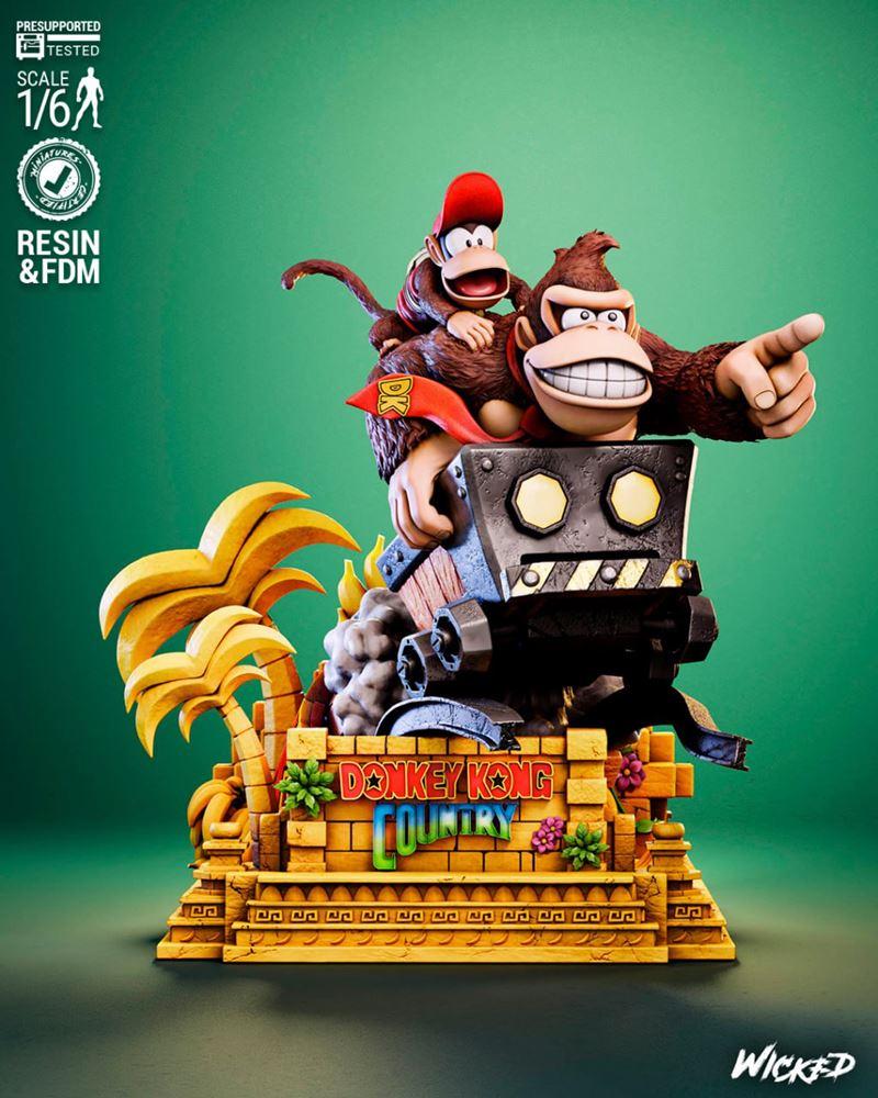 Donkey Kong and Diddy Kong 3D model diorama by Wicked, 1/6 scale, on a jungle-themed base with "Donkey Kong Coun...