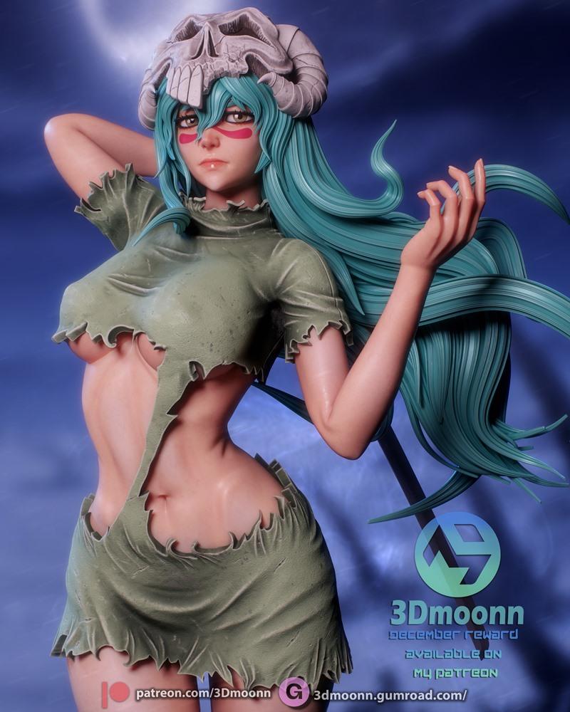 3D model of Nelliel from Bleach, wearing a tattered green dress and skull helmet with horns. Teal hair, red face mark...