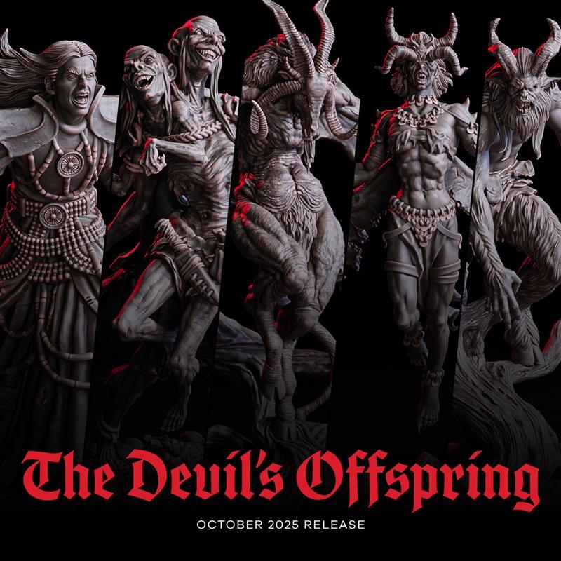 Collection of five demonic 3D printable figures: a regal figure with ornate armor, two gaunt and grinning creatures,...