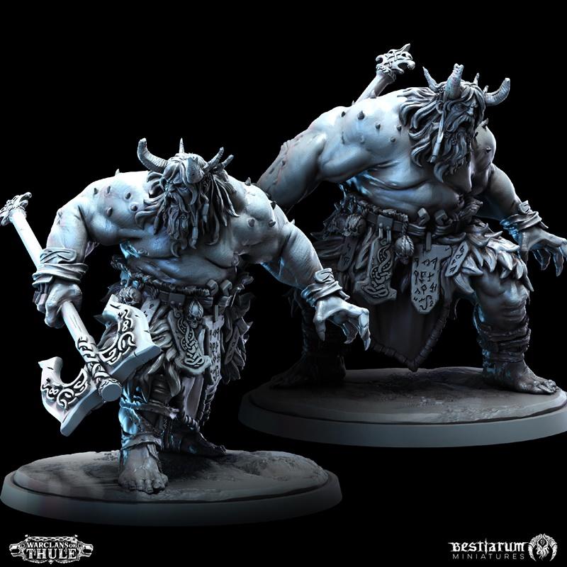 Two 3D printable miniatures of hulking, horned barbarians known as Giantsblood Berzerkers, one holding a large axe, f...