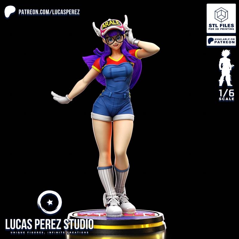 1:6 scale 3D print model of adult Arale Norimaki from Dragon Ball, wearing glasses, a hat, and blue overalls, with pu...