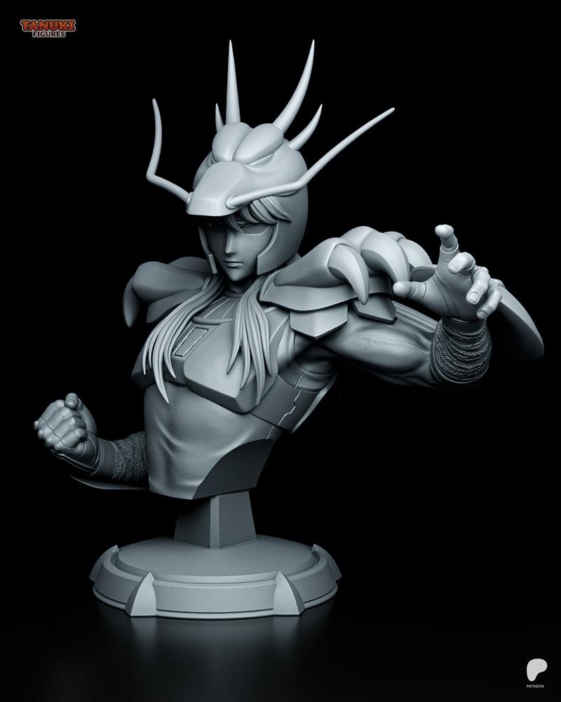 Tanuki Figures 3D model bust of Shiryu from Saint Seiya, wearing a dragon helmet and detailed armor, with one fist cl...