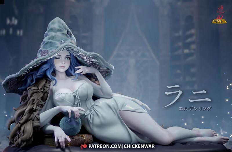 Ranni figure from Elden Ring by CW Studio, reclining seductively in a revealing dress and large witch hat, holding a...