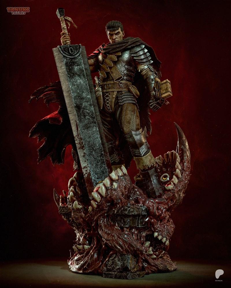 Guts from Berserk, clad in detailed armor and a dark cloak, stands heroically with his massive sword. He is posed on...
