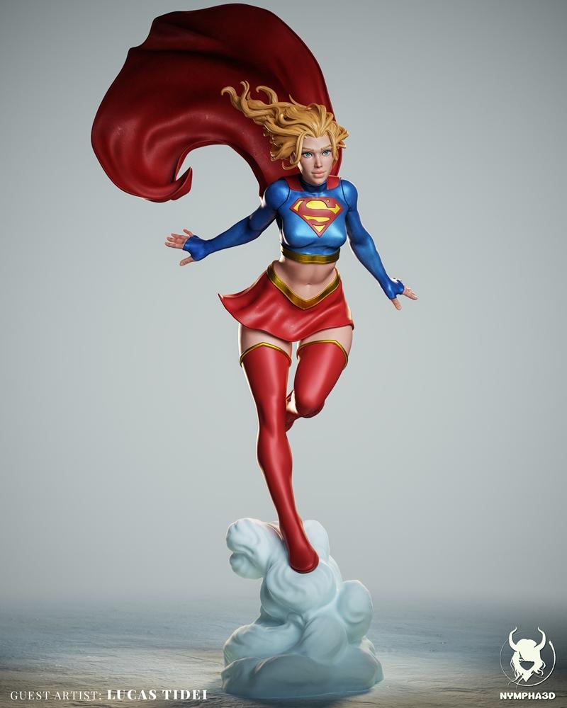 Supergirl 3D model figure in flight, wearing blue top, red skirt, and boots, with a large red cape billowing behind h...