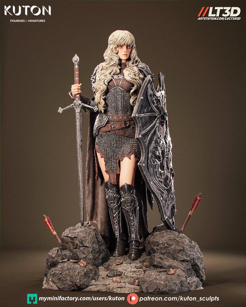 Female warrior Ardyn in chainmail armor, holding a sword and dragon-emblazoned shield, standing on a rocky base with...