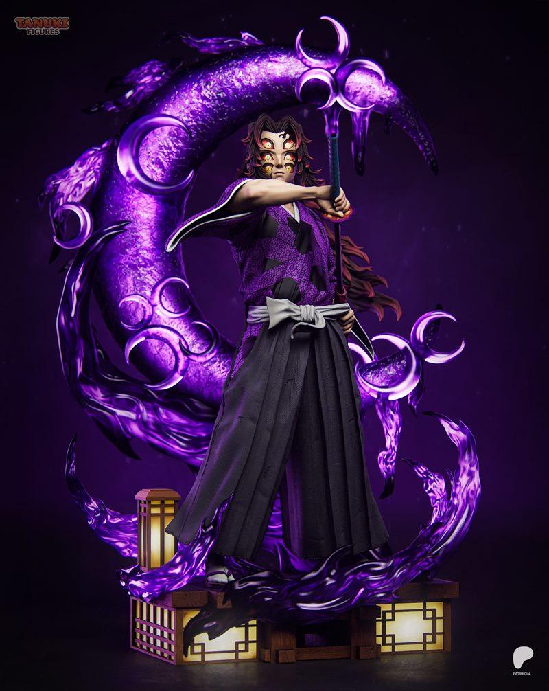Kokushibo from Demon Slayer, a 3D printed figure by Tanuki Figures, stands with sword drawn, surrounded by purple ene...