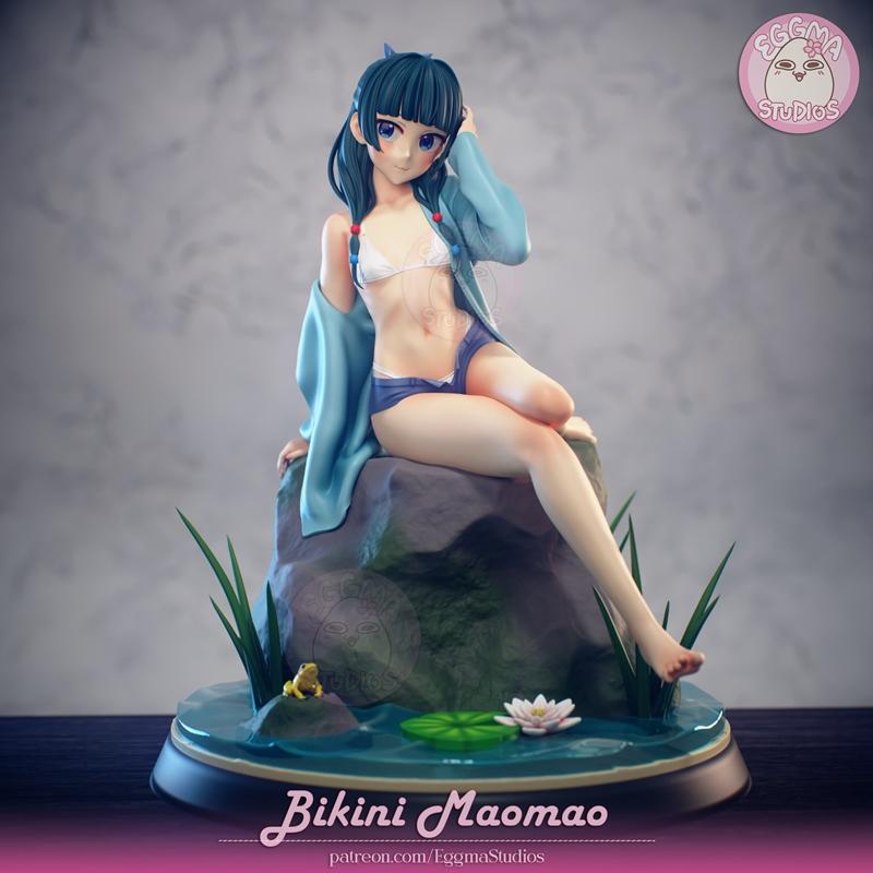 Maomao from The Apothecary Diaries in a bikini, sitting on a rock by a pond with a frog and lotus flower. She wears a...