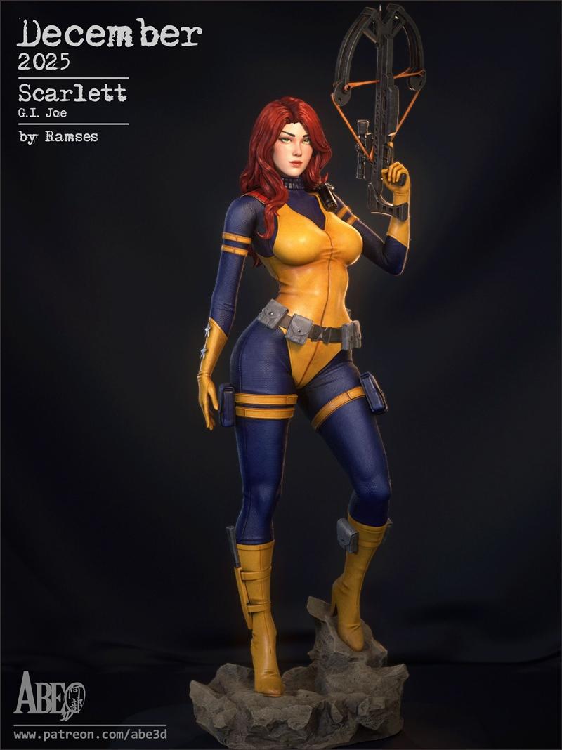 Scarlett from G.I. Joe, a 3D printable figure by Abe3D, holding a crossbow. She wears a yellow and blue suit with yel...