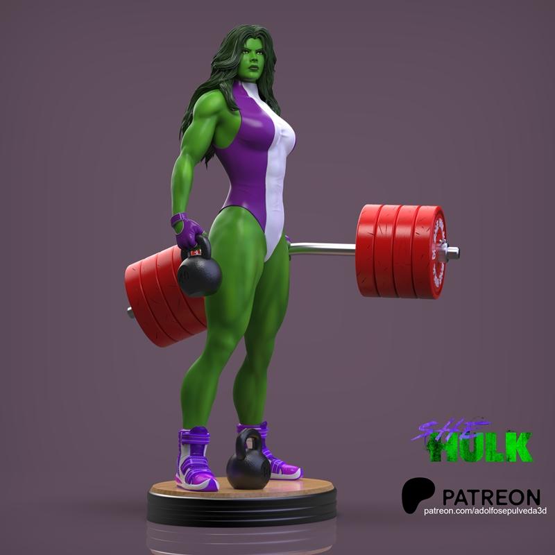 Muscular She-Hulk figure in purple and white leotard, holding a kettlebell, with a barbell loaded with red plates. De...