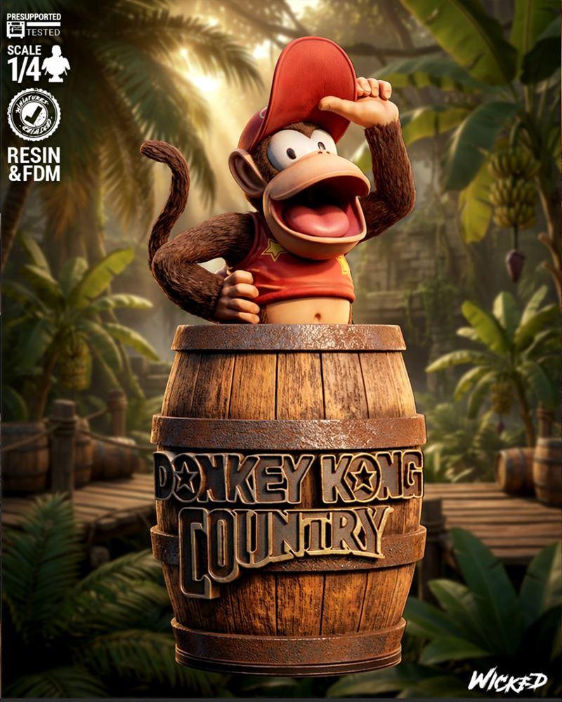 Diddy Kong portrait bust emerging from a 'Donkey Kong Country' barrel, wearing a red cap and vest, posed in a jungle...