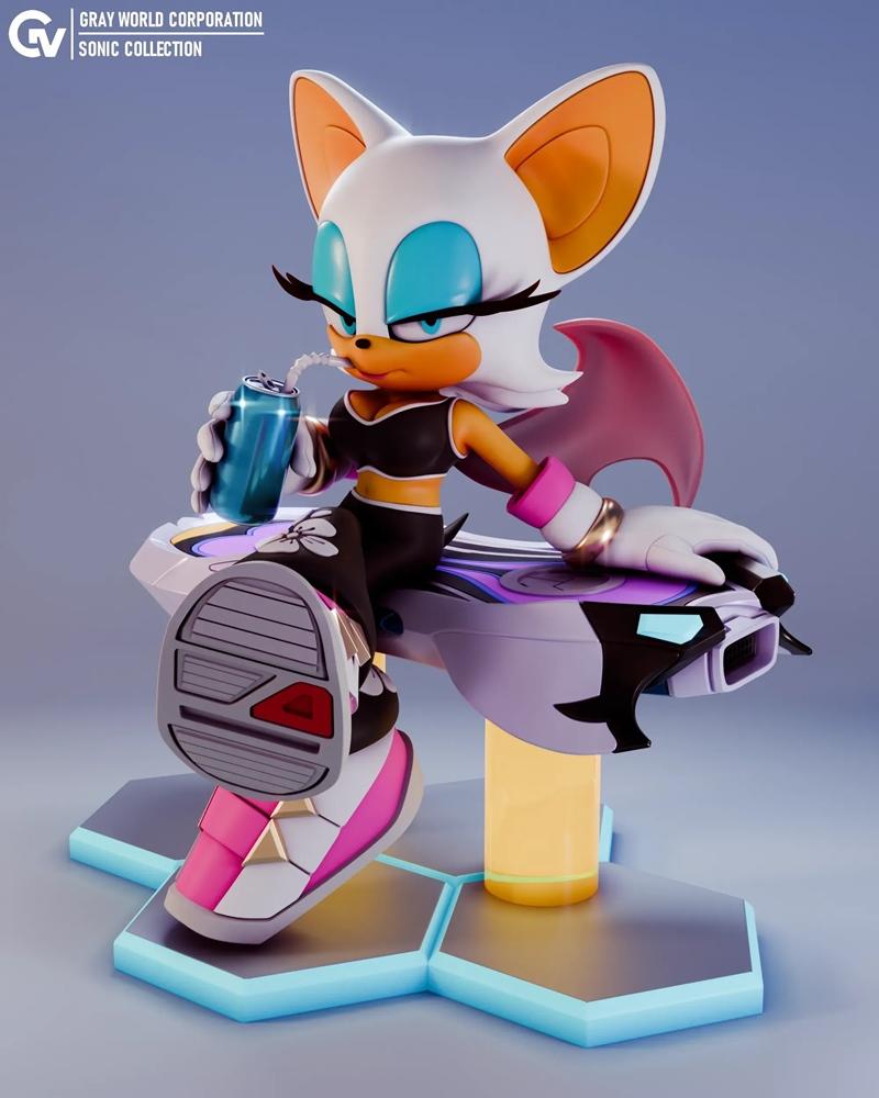 Rouge the Bat from Sonic Riders sitting on a hoverboard and drinking from a can, wearing a black crop top and pink-ac...