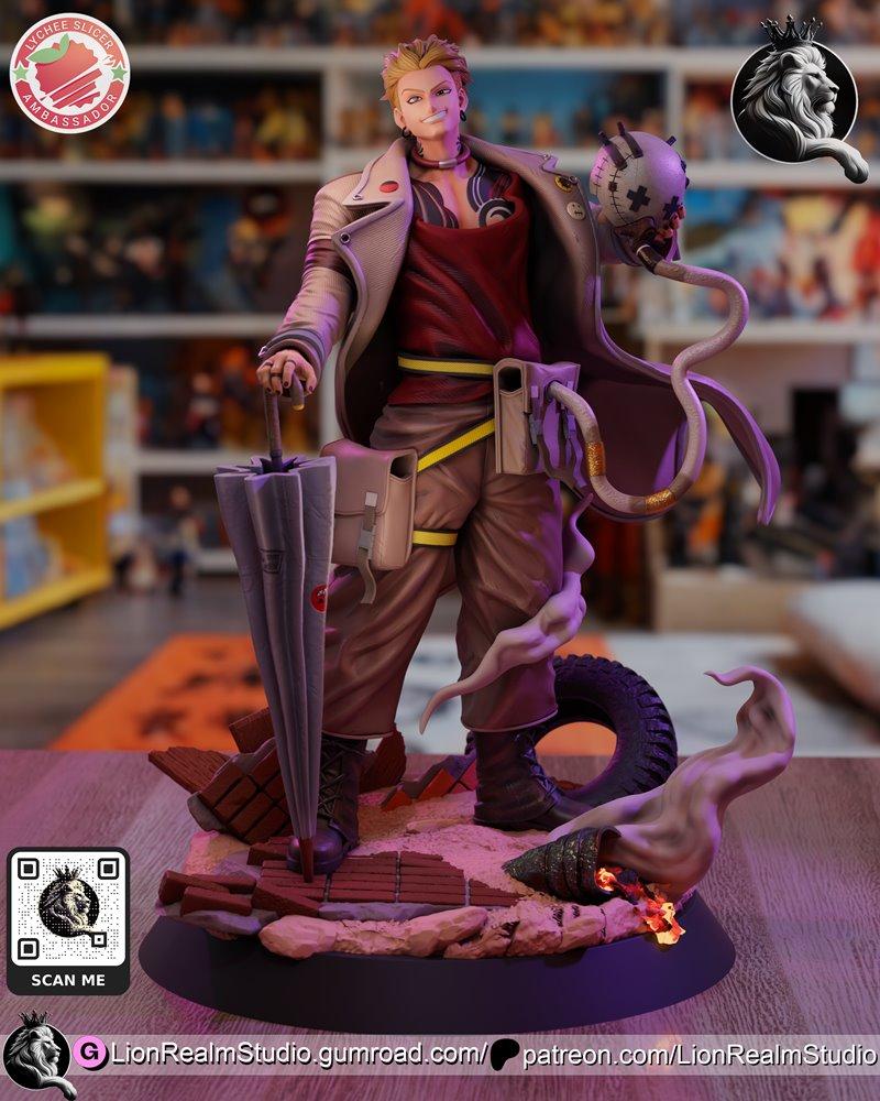 3D printable figure of Enjin from Gachiakuta, standing on a rubble-filled base, holding an umbrella, with a skull acc...