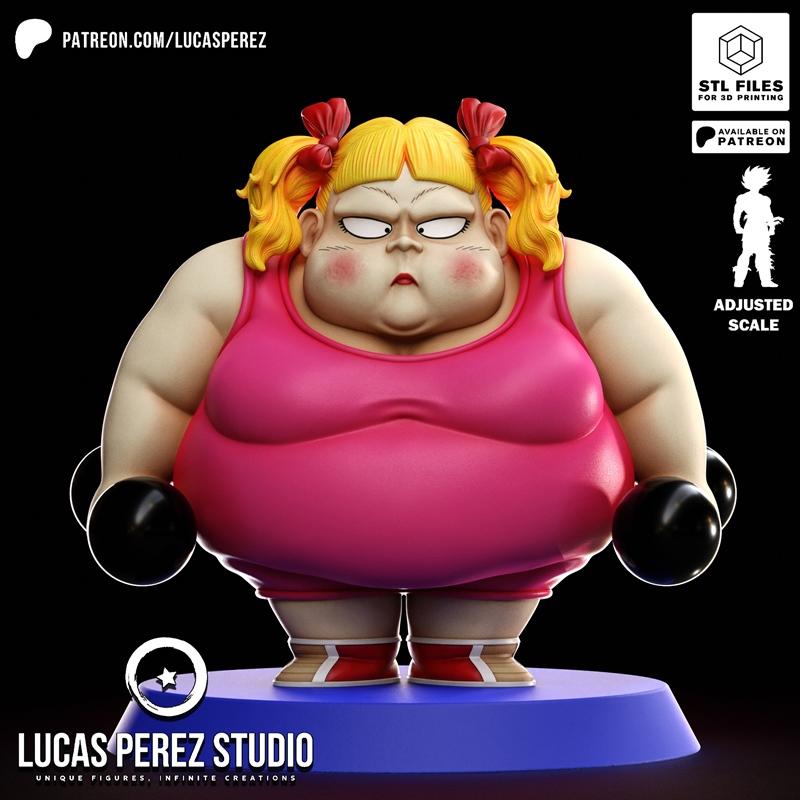 Chibi style 3D model of a plump female character with blonde pigtails, wearing a pink tank top and shorts, holding bl...