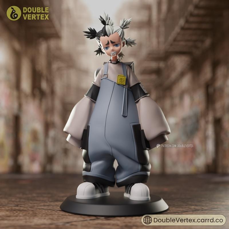 3D printable figure of Gachiakuta character by Double Vertex, wearing blue overalls, a t-shirt, and sneakers, with sp...