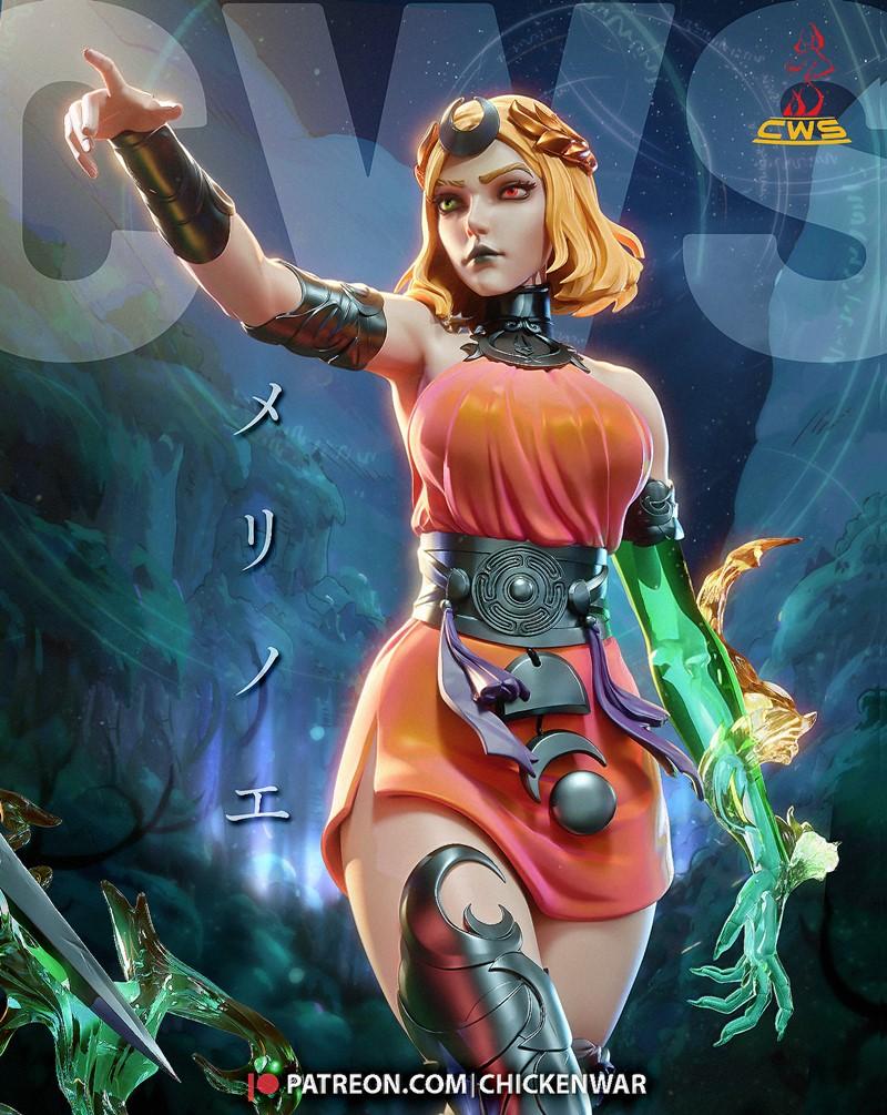 3D model of Melinoe from Hades, posed dynamically with one arm raised, wearing an orange dress and dark armor. She ha...