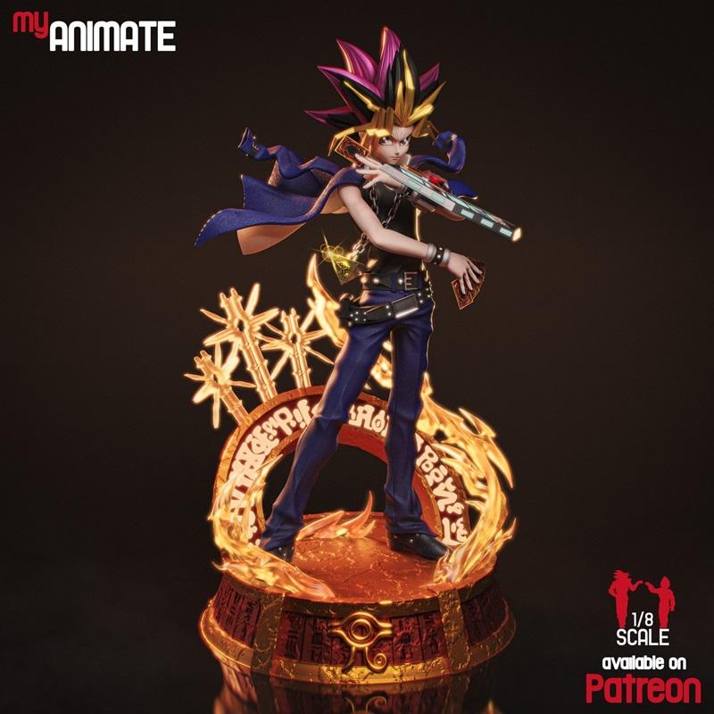 Yugi Muto 3D model figure, holding Duel Disk and cards, with fiery base and Millennium Puzzle symbol.