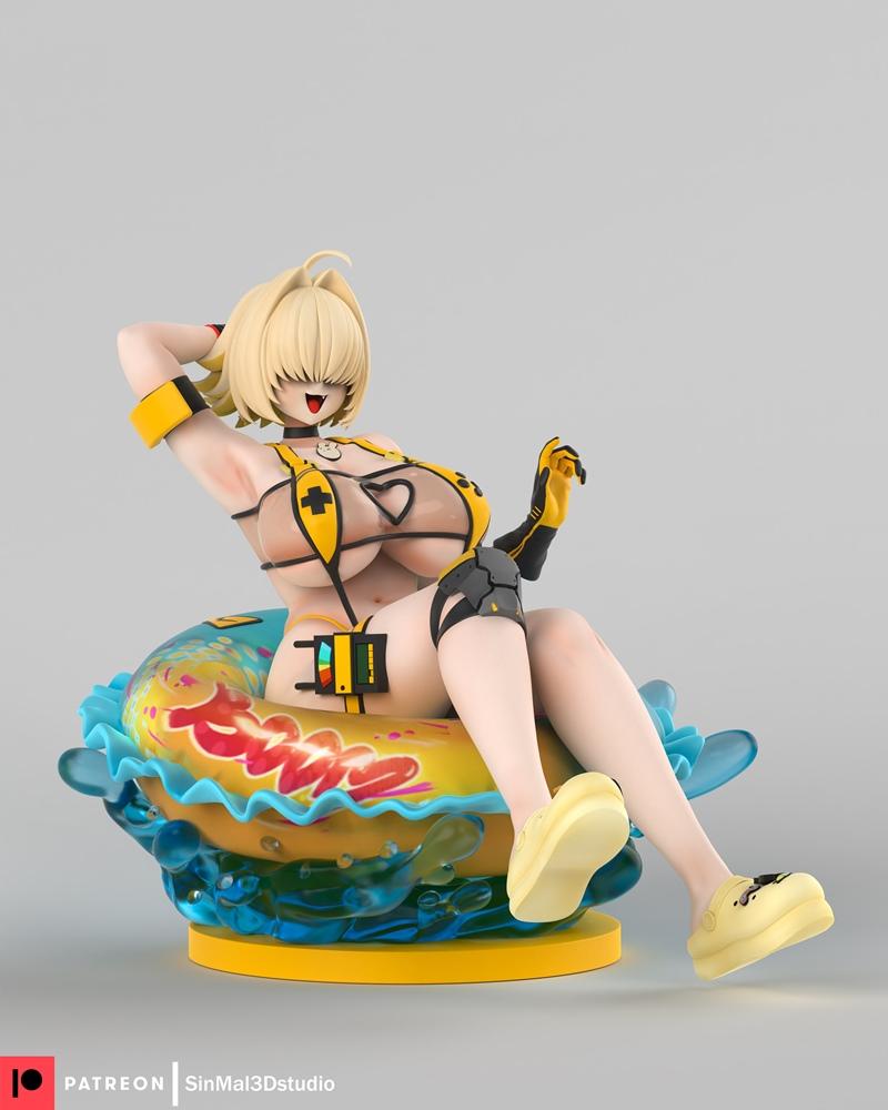 Elegg from NIKKE character figure by Sin3Dstudio, seated on a colorful pool float base, wearing a yellow bikini and a...
