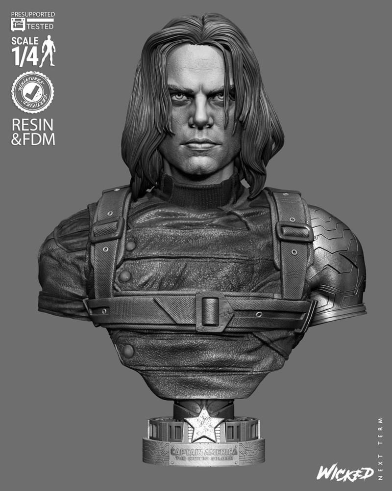 1/4 scale bust of Winter Soldier by Wicked, featuring detailed leather outfit and metallic arm, on a base with "...