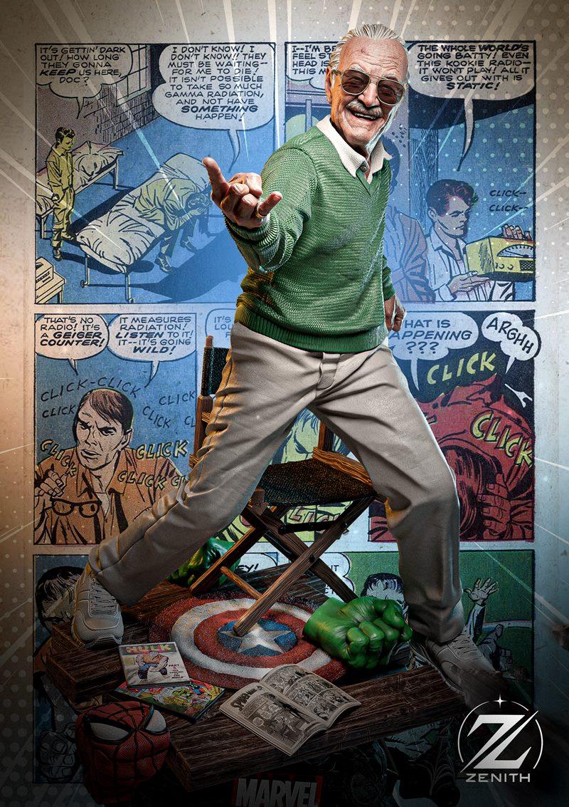 3D model of Stan Lee in a green sweater and tan pants, striking a pose with comic book elements like Captain America'...